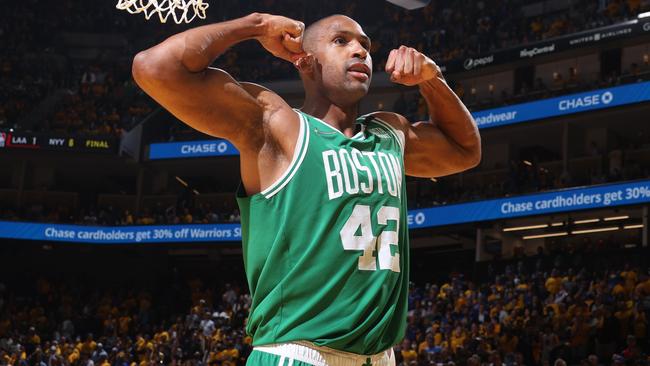 SAN FRANCISCO, CA - JUNE 2: Al Horford #42 of the Boston Celtics celebrates during Game One of the 2022 NBA Finals against the Golden State Warriors on June 2, 2022 at Chase Center in San Francisco, California. NOTE TO USER: User expressly acknowledges and agrees that, by downloading and or using this photograph, user is consenting to the terms and conditions of Getty Images License Agreement. Mandatory Copyright Notice: Copyright 2022 NBAE (Photo by Nathaniel S. Butler/NBAE via Getty Images)