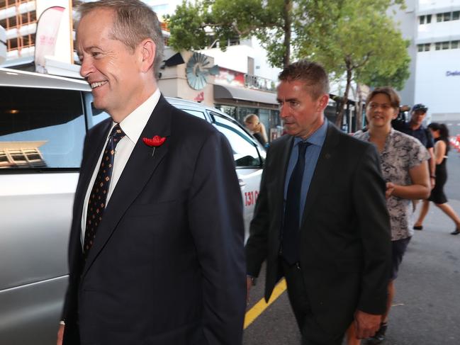 Mr Shorten was confronted by a woman who raised concerns about fracking as he left this morning’s dawn service in Darwin. Picture: Kym Smith