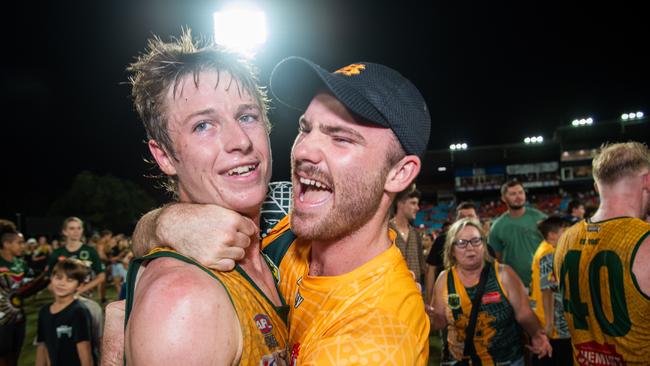 Mitch Musgrove from St Mary's fans celebrates their win in the 2023-24 NTFL Men's Grand Final between Nightcliff and St Mary's. Picture: Pema Tamang Pakhrin