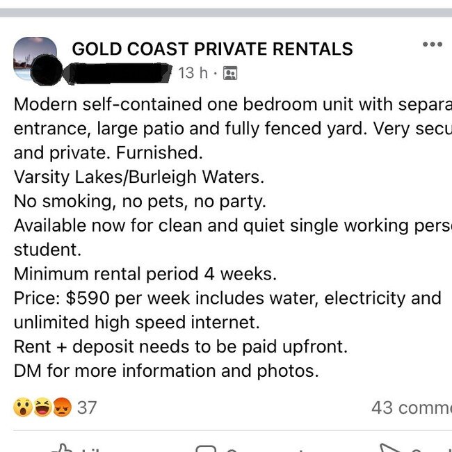 The listing before it was deleted from a Gold Coast rental group on Facebook.