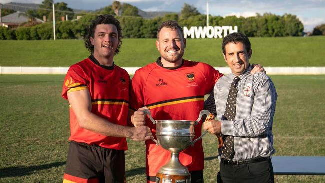 Central Coast players Matt Martin and Ethan McInnes with the trophy. Picture: Josh Brightman/NSW Country Rugby Union