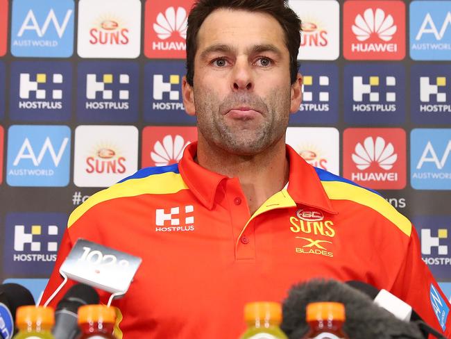 GOLD COAST, AUSTRALIA - AUGUST 10:  Interim coach Dean Solomon speaks to media during a Gold Coast Suns AFL press conference at Metricon Stadium on August 10, 2017 in Gold Coast, Australia.  (Photo by Chris Hyde/Getty Images)