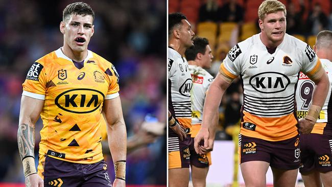 Brisbane Broncos stars Jordan Riki and Thomas Flegler.