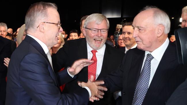 Anthony Albanese, left, with Kevin Rudd and Paul Keating at Labor Party campaign launch in Perth on Sunday. Picture: Liam Kidston.