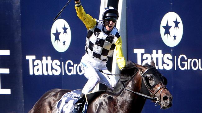 Glen Boss celebrates on So You Think after winning the 2009 Cox Plate.