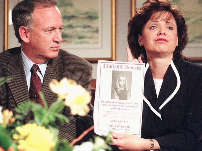 John and Patsy Ramsey at a press conference holding a reward poster. Picture: Patrick Davidson, Rocky Mountain News