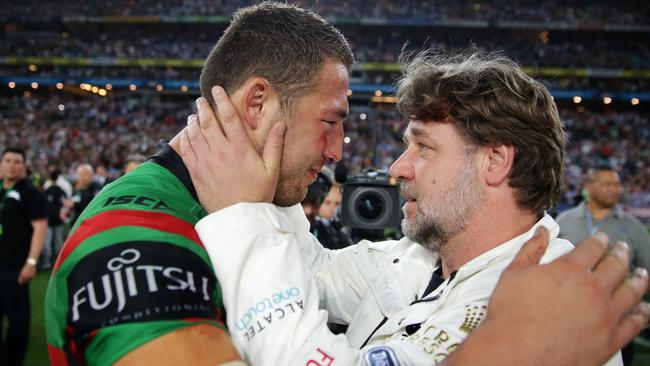 Sam Burgess with Russell Crowe after South Sydney won the 2014 grand final. Picture Gregg Porteous