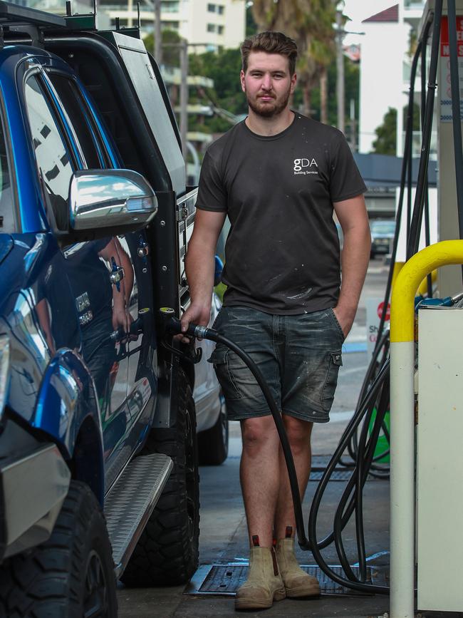 Apprentice carpenter Brandon Charlton fills up at BP Rushcutters Bay on Monday which was the state’s most expensive. Picture: Justin Lloyd