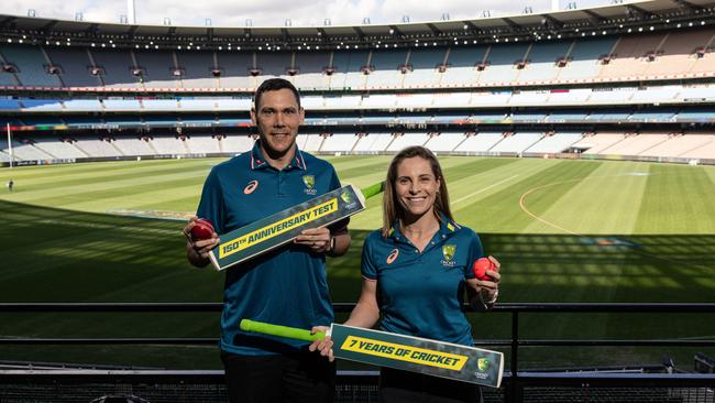 Australian bowler Scott Boland and Australian test captain Sophie Molineux at the MCG on Sunday. Picture: NewsWire / Diego Fedele