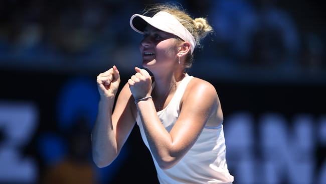 Marta Kostyuk after eliminating Australia’s Olivia Rogowska. Picture: AAP