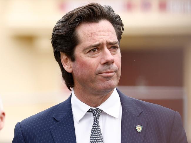 HOBART, AUSTRALIA - MAY 03: Gillon McLachlan, Chief Executive Officer of the AFL speaks with media during the AFL Tasmanian Team Announcement at North Hobart Oval on May 03, 2023 in Hobart, Australia. (Photo by Michael Willson/AFL Photos via Getty Images)