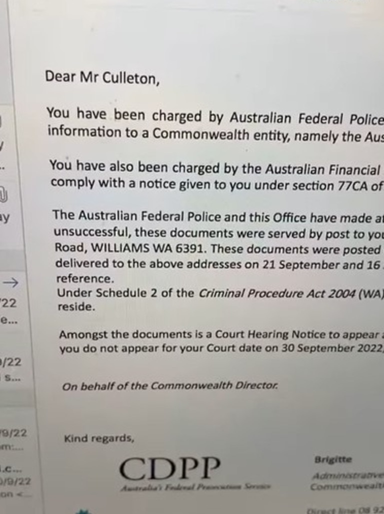 The charges and court appearance notice Mr Culleton was sent. Picture: Great Australia Party / Facebook