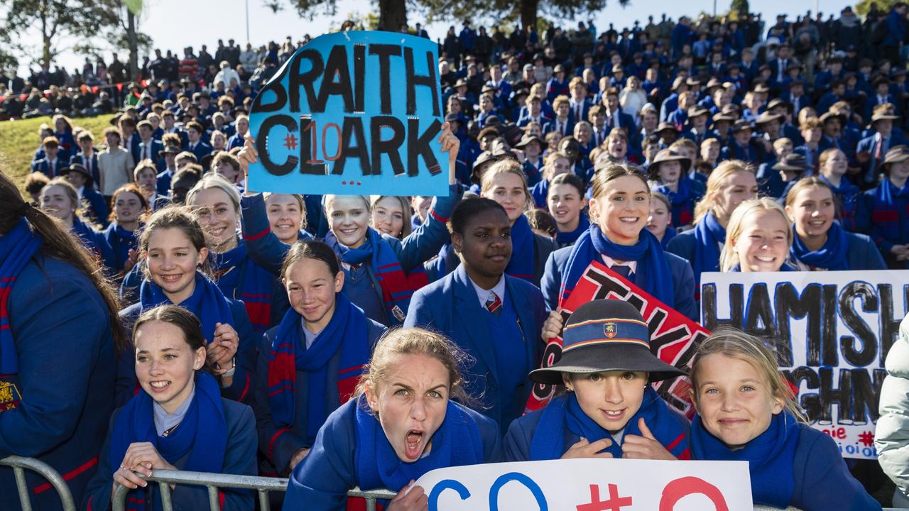 The Downlands student body show their support for their team during the O'Callaghan Cup on Grammar Downlands Day at Toowoomba Grammar School, Saturday, August 19, 2023. Picture: Kevin Farmer