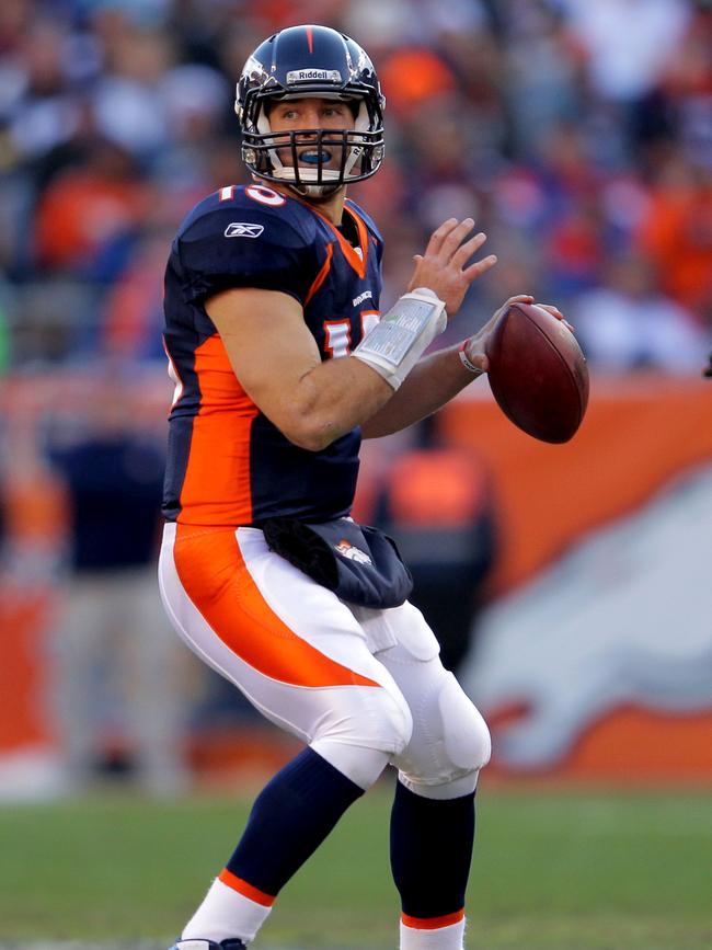 Tim Tebow during his famous win over the Steelers in the 2012 AFC Wild Card game. Picture: Doug Pensinger