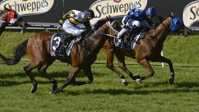 Moment Of Change finishes behind Buffering in the Winterbottom Stakes in Perth. Picture: Theo Fakos