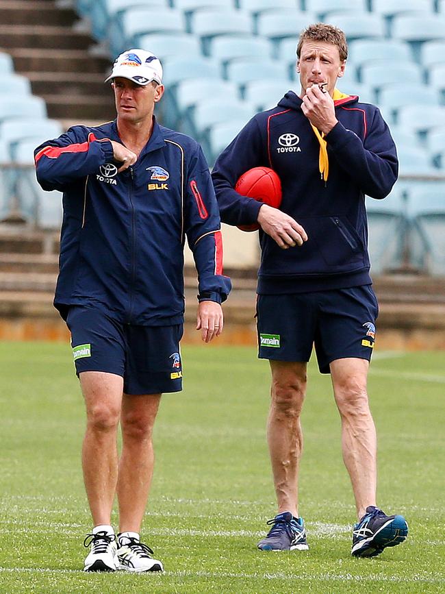 Don Pyke and Brett Burton at Crows training last year. Picture: Sarah Reed