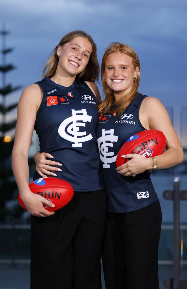 Poppy Scholz and Sophie McKay after the AFLW draft. Picture: Dylan Burns/AFL Photos via Getty Images.