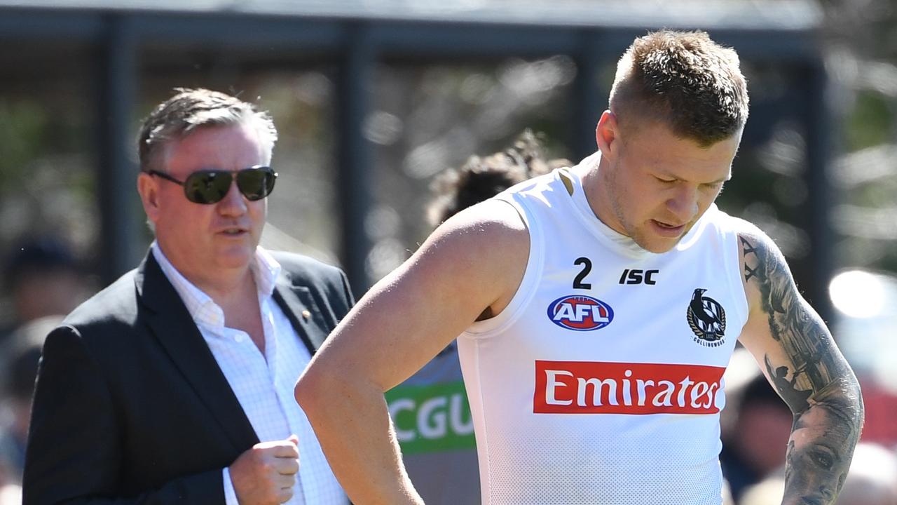 Jordan de Goey (right) and club president Eddie McGuire of the Collingwood Magpies is seen during training at the Holden Centre in Melbourne, Thursday, September 19, 2019. (AAP Image/Julian Smith) NO ARCHIVING