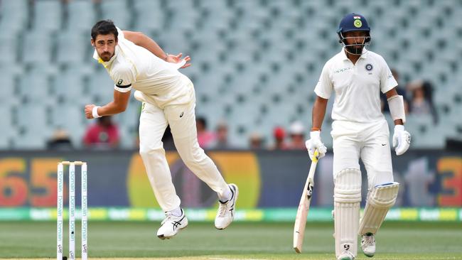 Mitchell Starc in action against India at Adelaide Oval yesterday. Picture: AAP