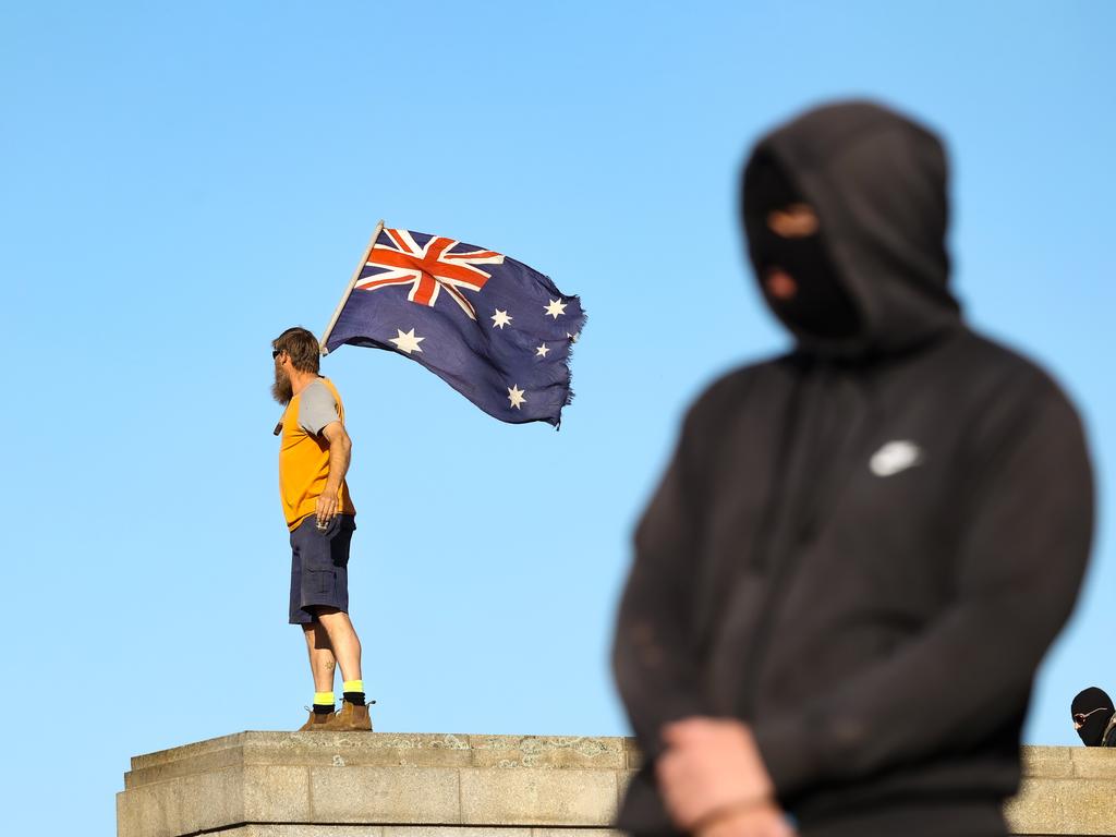 Protesters take over Melbourne’s Shrine of Remembrance, September 22, 2021. Their behaviour was a chilling reflection of US protests. Picture: Ian Currie