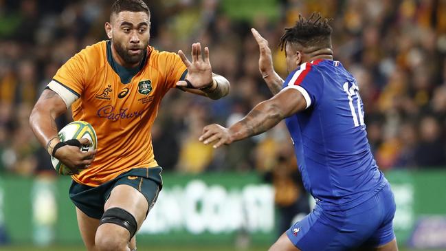 MELBOURNE, AUSTRALIA - JULY 13: Lukhan Salakaia-Loto of the Wallabies runs with the ball during the International Test match between the Australian Wallabies and France at AAMI Park on July 13, 2021 in Melbourne, Australia. (Photo by Darrian Traynor/Getty Images)