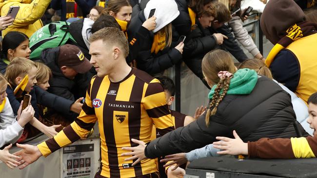 Hawthorn captain James Sicily will play his 150th game against Adelaide on Sunday. Picture: Darrian Traynor / Getty Images