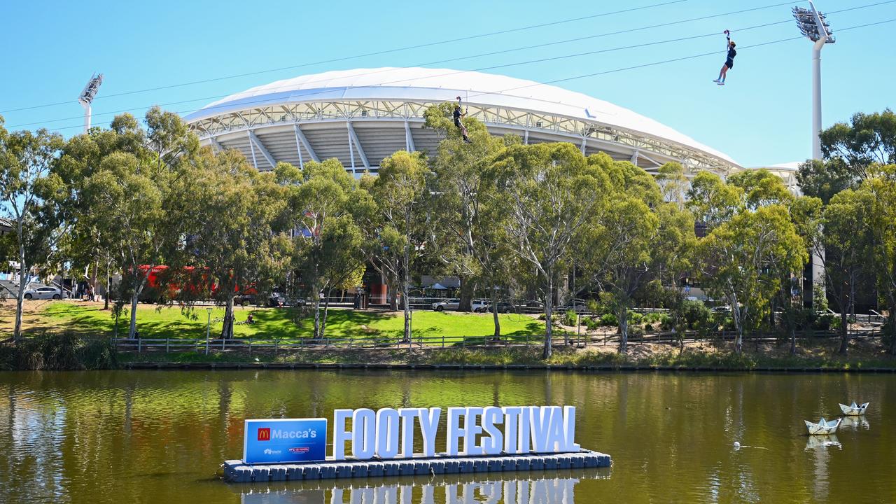 A general view of the Gather Round Footy Festival signage in front of Adelaide Oval. (Photo by Morgan Hancock/AFL Photos/via Getty Images)