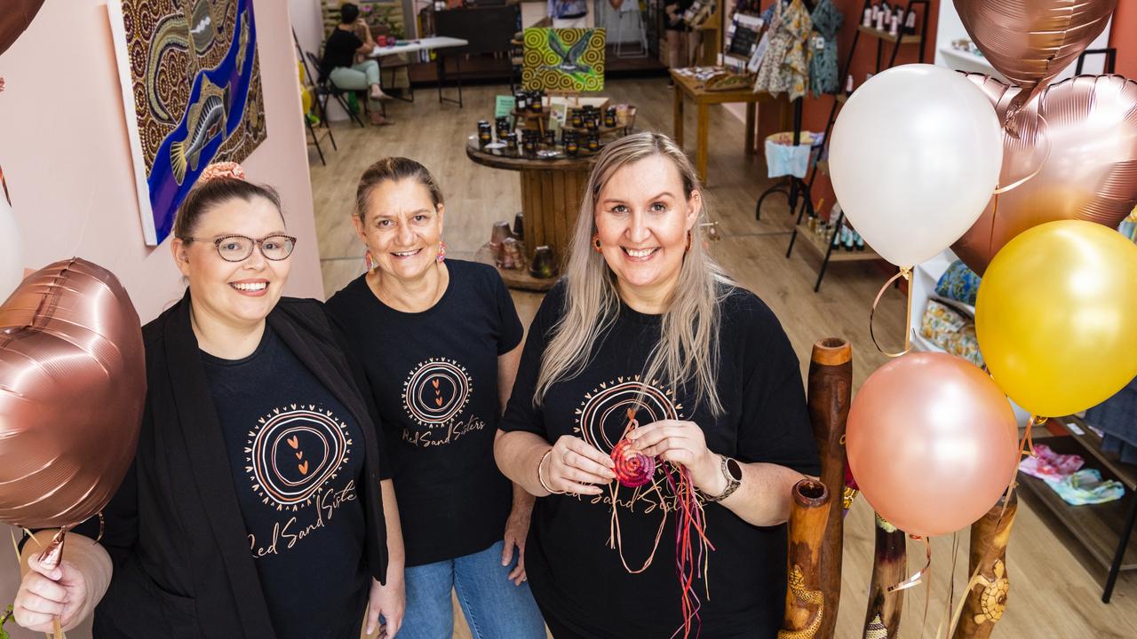 Red Sand Sisters co-owners (from left) Lisa-May, Morya and Natasha Rossington during opening day celebrations in their Margaret St shop, Saturday, April 23, 2022. Picture: Kevin Farmer