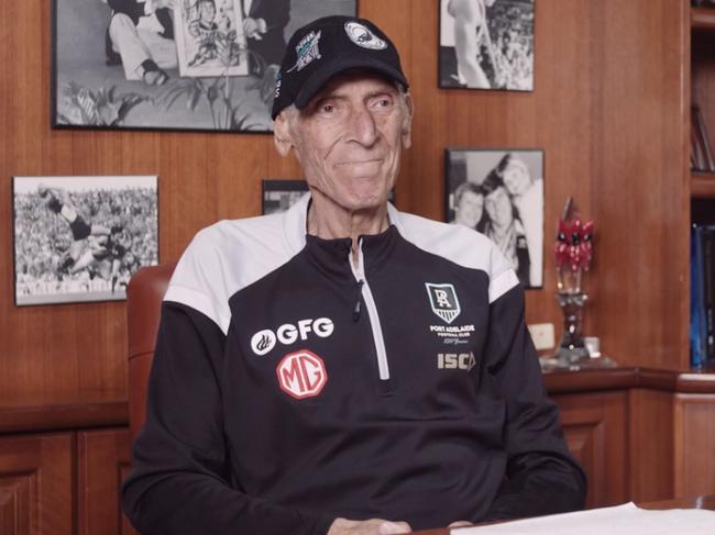 Port Adelaide Football Club great Russell Ebert is seen in an interview , thanking fans for all the support after his cancer diagnosis . Picture: PAFC