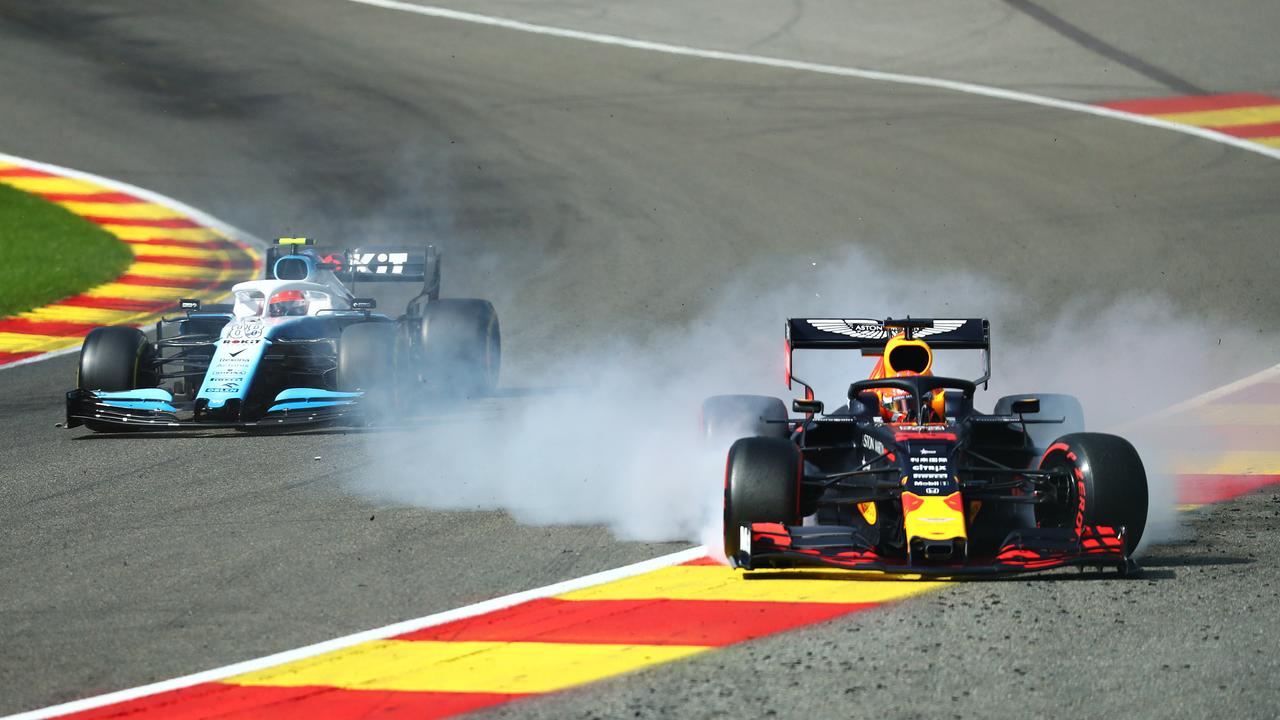 Max Verstappen runs off track at the start during the F1 Grand Prix of Belgium.