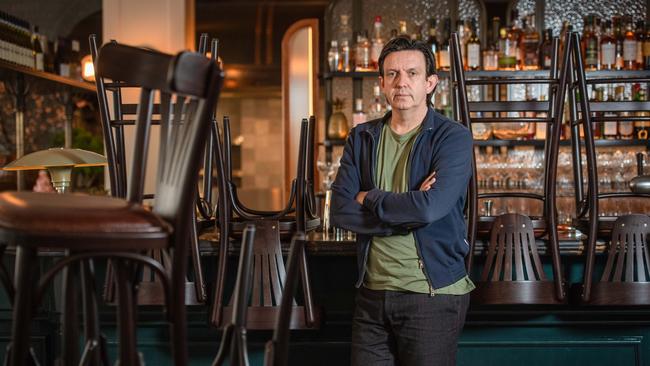 Andrew McConnell, restaurateur in his closed Gimlet restaurant CBD, which opened for just two weeks before lockdown. Picture: Jason Edwards