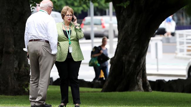 Speaker Sue Hickey standing with her chief of staff Mervin Reed after voting against the Government for the first time. Picture: LUKE BOWDEN