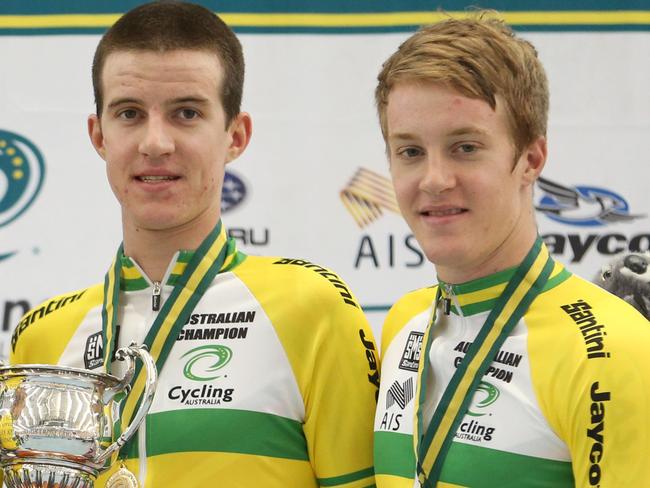 LtoR: Alex Porter, Alex Edmondson, Miles Scotson and Callum Scotson (South Australia) after victory in the Men's Team Pursuit. Track Cycling at Adelaide Super-Drome, night 1. 03/02/16 Picture: Stephen Laffer