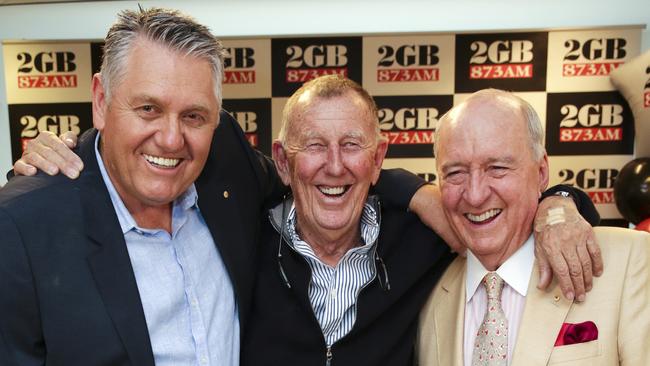 Ray Hadley and Alan Jones join John Singleton at a radio celebration. Picture: Justin Lloyd