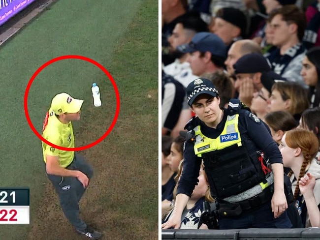 The umpire getting hit and police investigate. Photos: Fox Sports