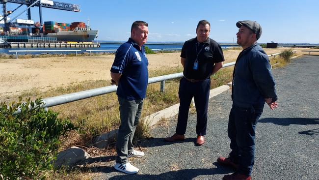 Maritime Union of Australia assistant branch secretary for Sydney Paul Garrett, middle, said the terminal’s offer is an ‘attack on workers’. Picture: NCA NewsWire/Anton Nilsson