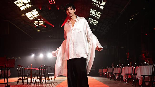 Brodie Townsend on the red carpet runway for Michael Lo Sordo at Australian Afterpay fashion week held at Carriageworks, Eveleigh. Picture: Adam Yip.