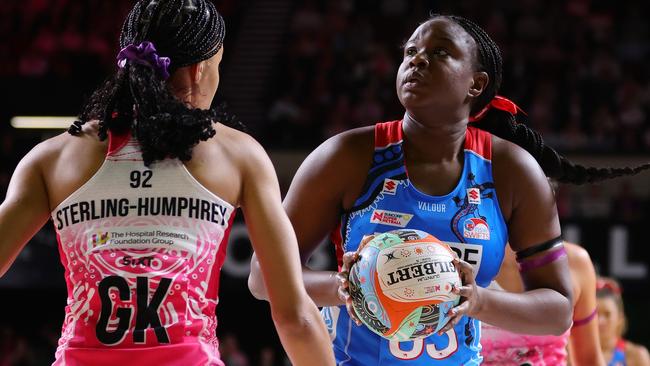 ADELAIDE, AUSTRALIA - MAY 25: Sam Wallace-Joseph of the NSW Swifts during the round seven Super Netball match between Adelaide Thunderbirds and NSW Swifts at Adelaide Entertainment Centre, on May 25, 2024, in Adelaide, Australia. (Photo by Sarah Reed/Getty Images)