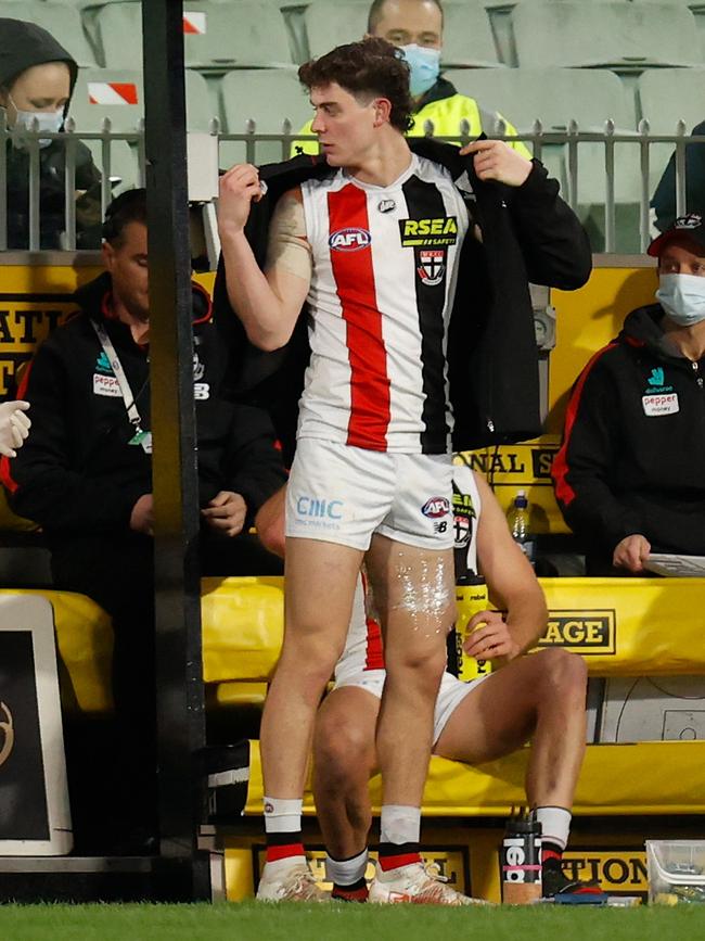 Nick Coffield was subbed out and on ice in the third term. Picture: Michael Willson/AFL Photos via Getty Images