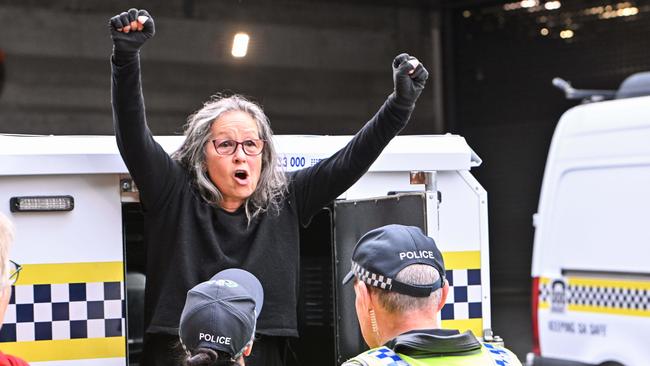 Extinction rebellion protester Meme Thorne is arrested after disrupting Adelaide traffic by abseiling from the Morphett Street Bridge. Picture: NCA NewsWire / Brenton Edwards