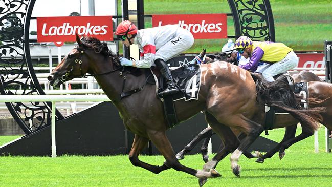 Stuart Kendrick-trained two-year-old filly Love To Torque pounces late to win at Eagle Farm on Saturday. Picture: Grant Peters/Trackside Photography