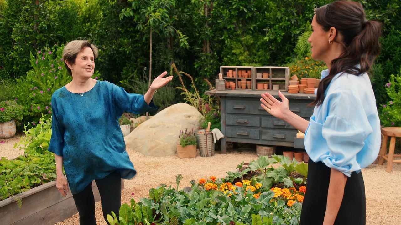 Meghan Markle with renowned chef Alice Waters who pioneered the farm-to-table movement and California cuisine. Picture: Netflix