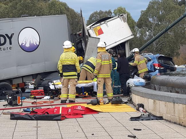 Emergency crews at the scene of the crash. Picture: Lynton Grace