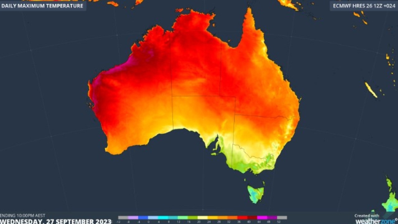 Wednesday saw a record breaking hot day in Perth. That heat is now heading east. Picture: Weatherzone.