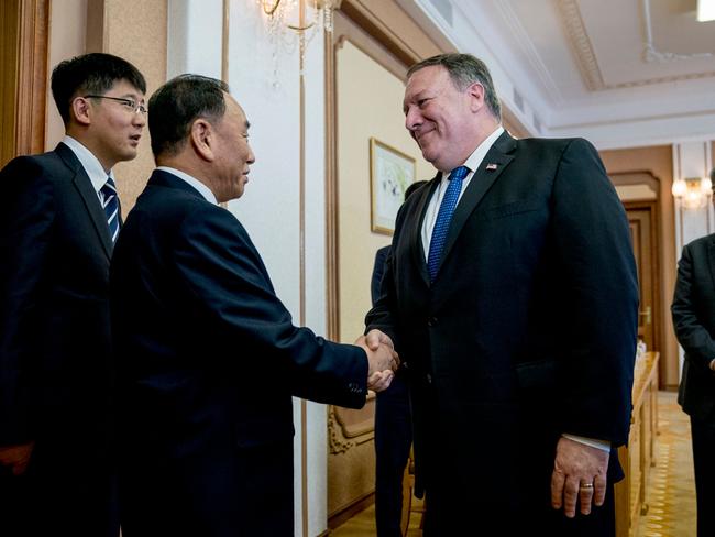 US Secretary of State Mike Pompeo greets North Korea's director of the United Front Department, Kim Yong Chol. Picture: AFP