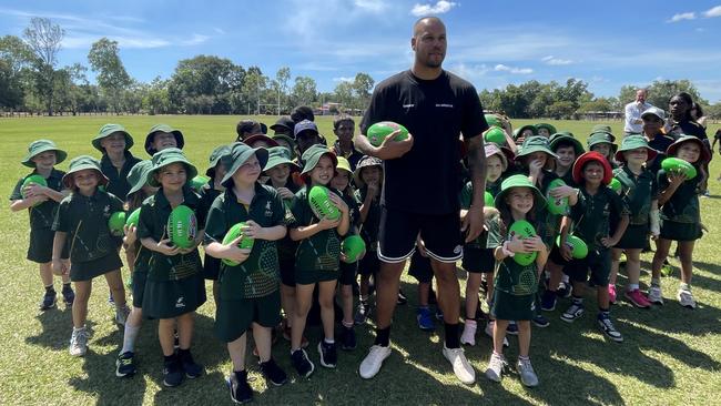 Lance 'Buddy' Franklin made a surprise visit at the Anula Primary School while visiting the NT. Picture: Nathaniel Chambers