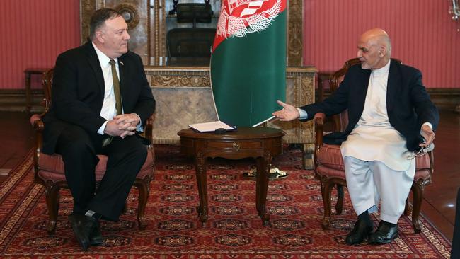 Mike Pompeo meets Ashraf Ghani in Kabul on Monday night. Picture: AFP