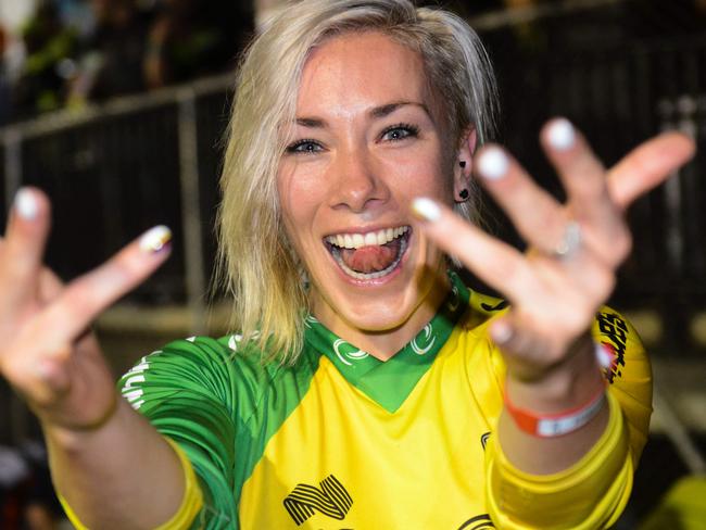 Caroline Buchanan of Australia celebrates after winning a gold medal in the Elite Womens Time Trial Race during of the UCI BMX World Championships on May 28, 2016 in Medellin, Antioquia department, Colombia. / AFP PHOTO / RAUL ARBOLEDA