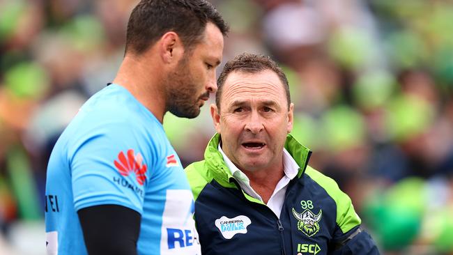 Assistant coach Brett White, left, will coach the Raiders this week alongside Andrew McFadden and Mick Crawley. Picture: Mark Nolan/Getty Images