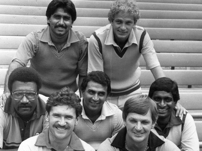 Team captains bunch for a publicity pic ahead of the World Championship of Cricket: Allan Border, Geoff Howarth, Clive Lloyd, Sunil Gavaskar, Duleep Mendis, Javed Miandad and David Gower.